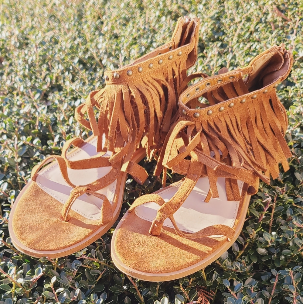 Fringe faux suede studded sandals